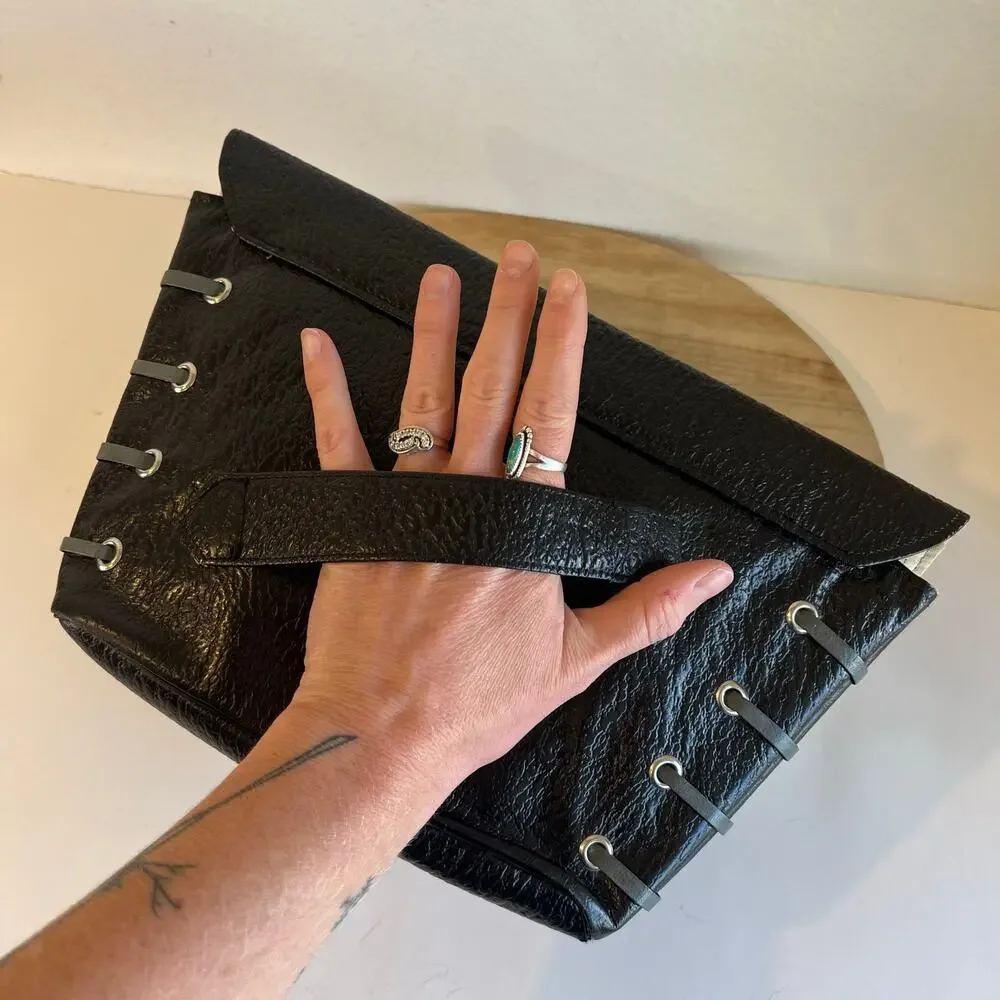 Vintage 90s Black Genuine Leather Weaved Silver Lock Large Clutch Bag